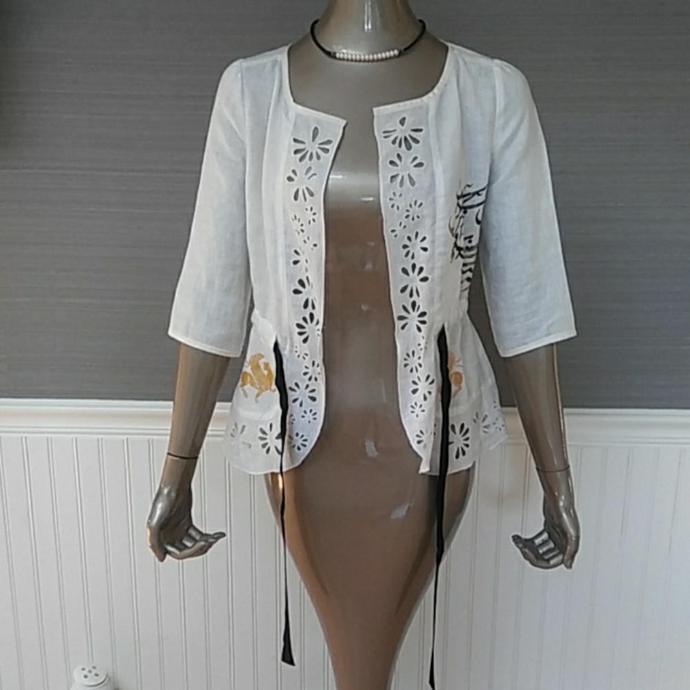 Pure DKNY 3/4 sleeve linen drawstring top, size 2 - Picture 6 of 7